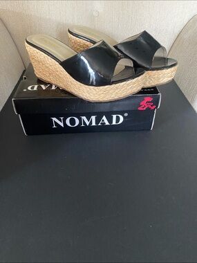 Nomad Black Patent Wedge Sandals with Braided Espadrille Platform